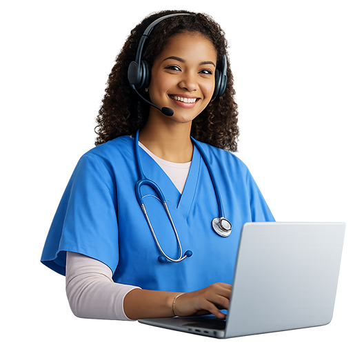 Woman with laptop and headset