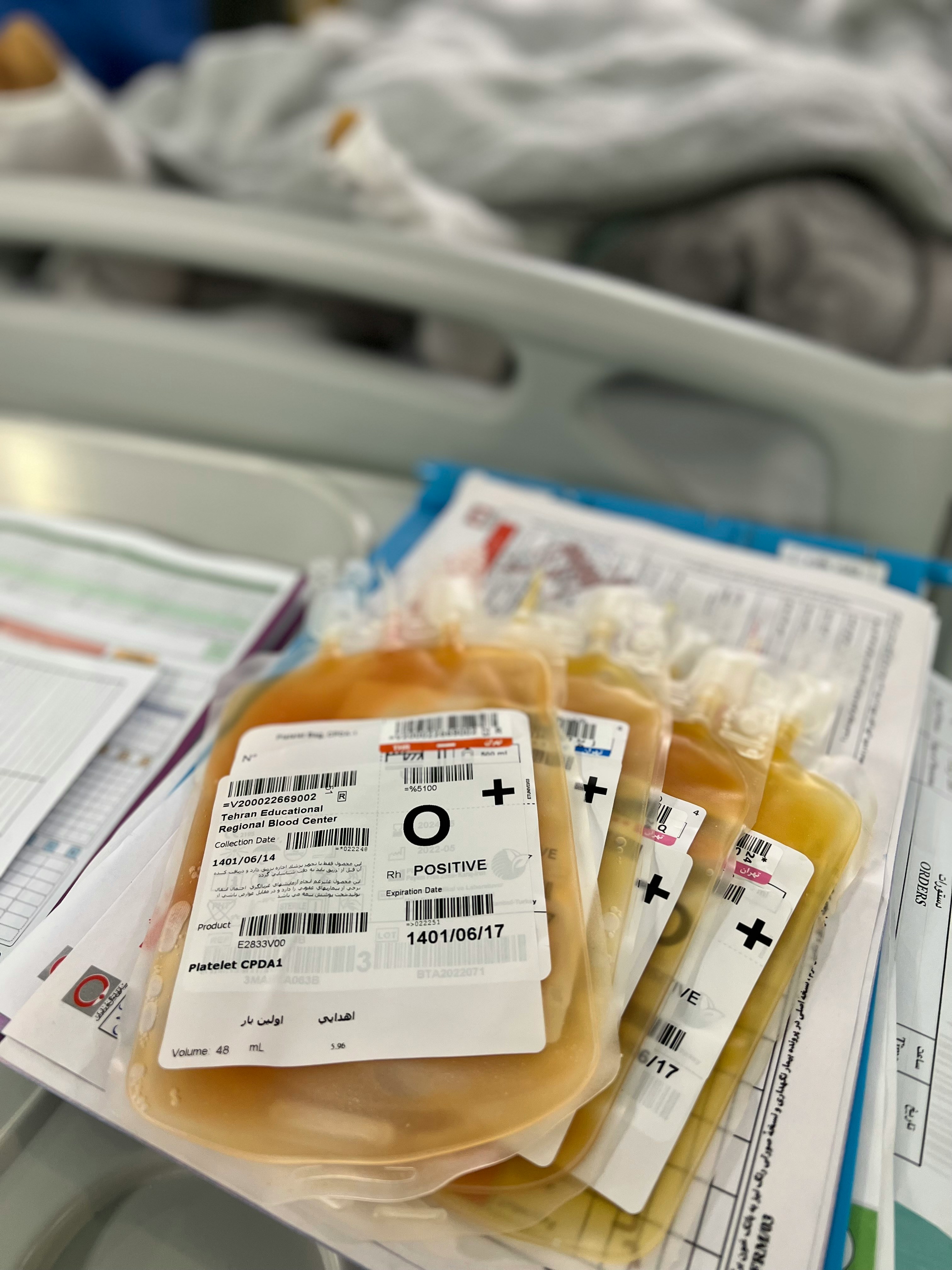Blood bags on paperwork